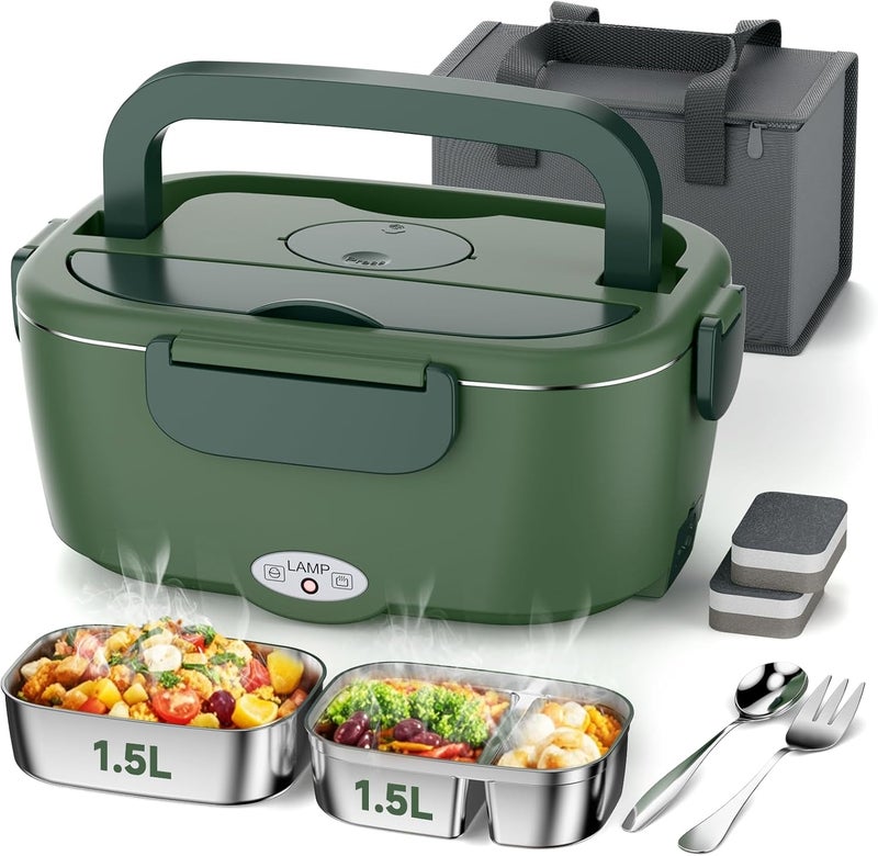 Azevix Electric Lunch Box for Adults, 80W Fast Heated Lunch Box with Dual 1.5L Stainless Steel Containers, Portable Food Warmer with Insulated Bag for Car/Office/Outdoor - Lonchera Eléctrica Portátil - Image 1